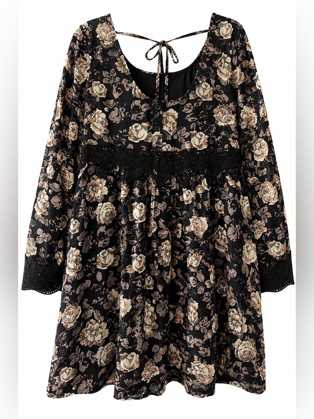 Doe & Rae Black Floral Lace Trim Babydoll Mini Dress Long Sleeve Boho EST M